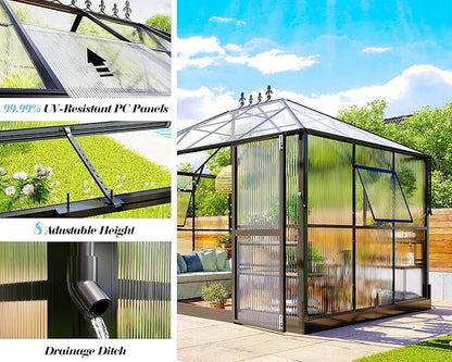 Jocisland 11x8.3x8.6 FT Polycarbonate Greenhouse- 6 FT Wall Height Outdoor Aluminum Greenhouses with 2 Ventilation and Rain Gutter, Double Doors with Hook, Walk-in Greenhouse for Backyard Garden