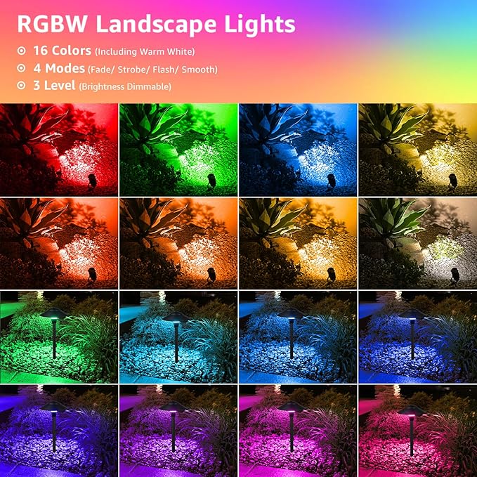 SUNVIE RGBW Landscape Lighting Kit 12V Low Voltage Landscape Lighting with Connectors, Color Changing Low Voltage Pathway Lights Wired with Spotlights Waterproof for Holiday Patio Garden Yard,12 Pack