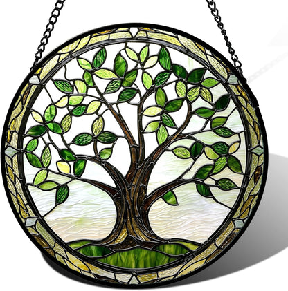 Stained Glass Window Hanging - Brown Tree Trunk Green Leaves Sun Catcher for Door Garden Home Decor Plant Suncatcher Christmas Mother's Day Birthday Gifts for Women Men Mom Nana 15 in