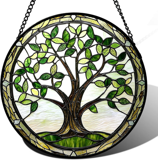 Stained Glass Window Hanging - Brown Tree Trunk Green Leaves Sun Catcher for Door Garden Home Decor Plant Suncatcher Christmas Mother's Day Birthday Gifts for Women Men Mom Nana 15 in