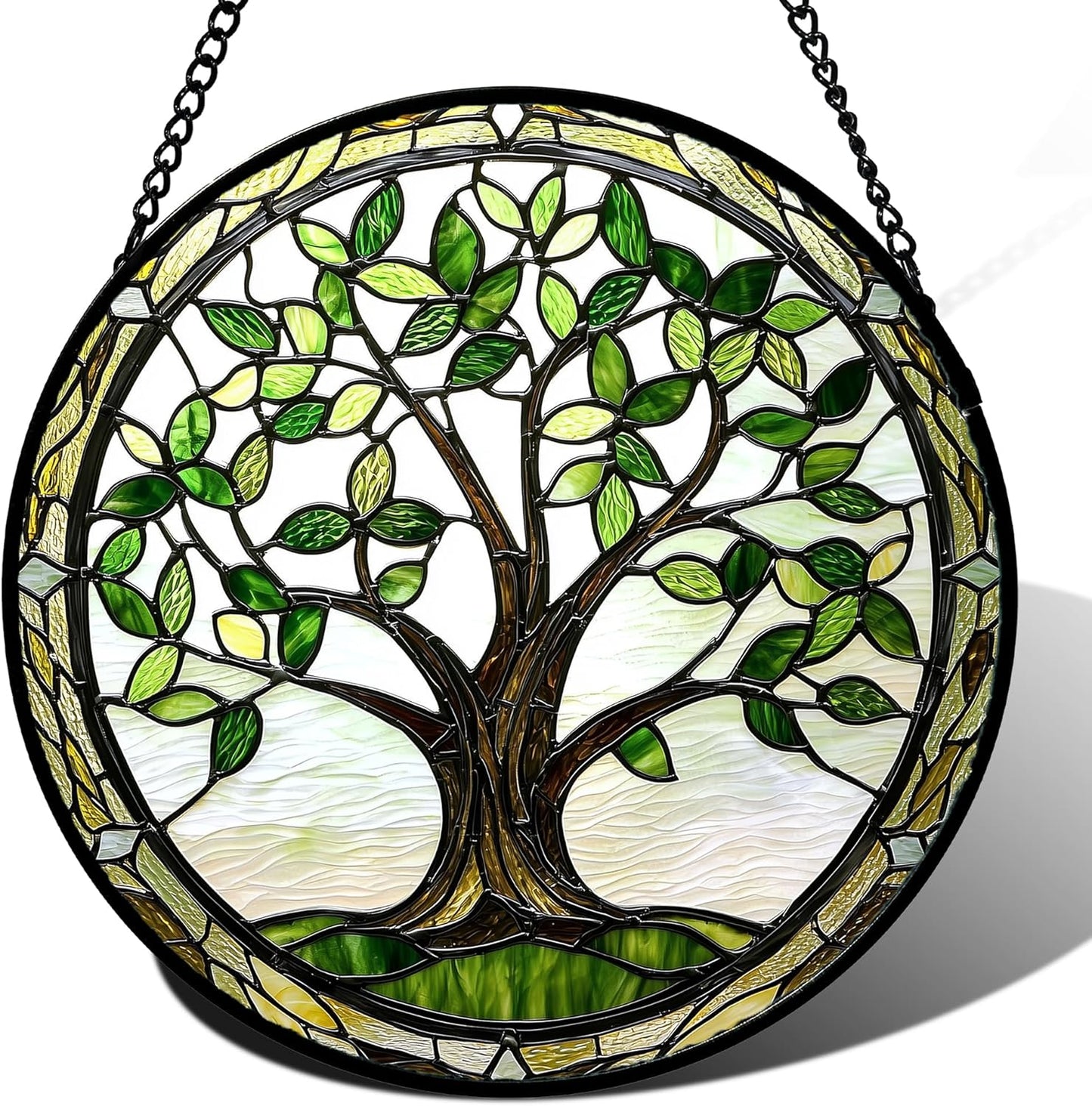 Stained Glass Window Hanging - Brown Tree Trunk Green Leaves Sun Catcher for Door Garden Home Decor Plant Suncatcher Christmas Mother's Day Birthday Gifts for Women Men Mom Nana 7.8 in