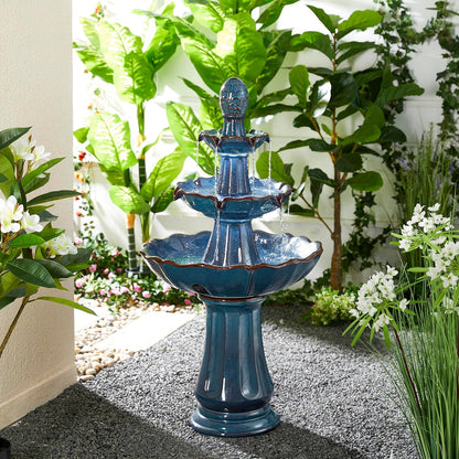 Glitzhome Outdoor Fountain and Waterfalls 3 Tier Patio Fountains, 45" H Turquoise Ceramic Water Fountain with LED Light, Pump & Adapter Garden Outdoor Floor Stand Fountains for Backyard Deck Lawn