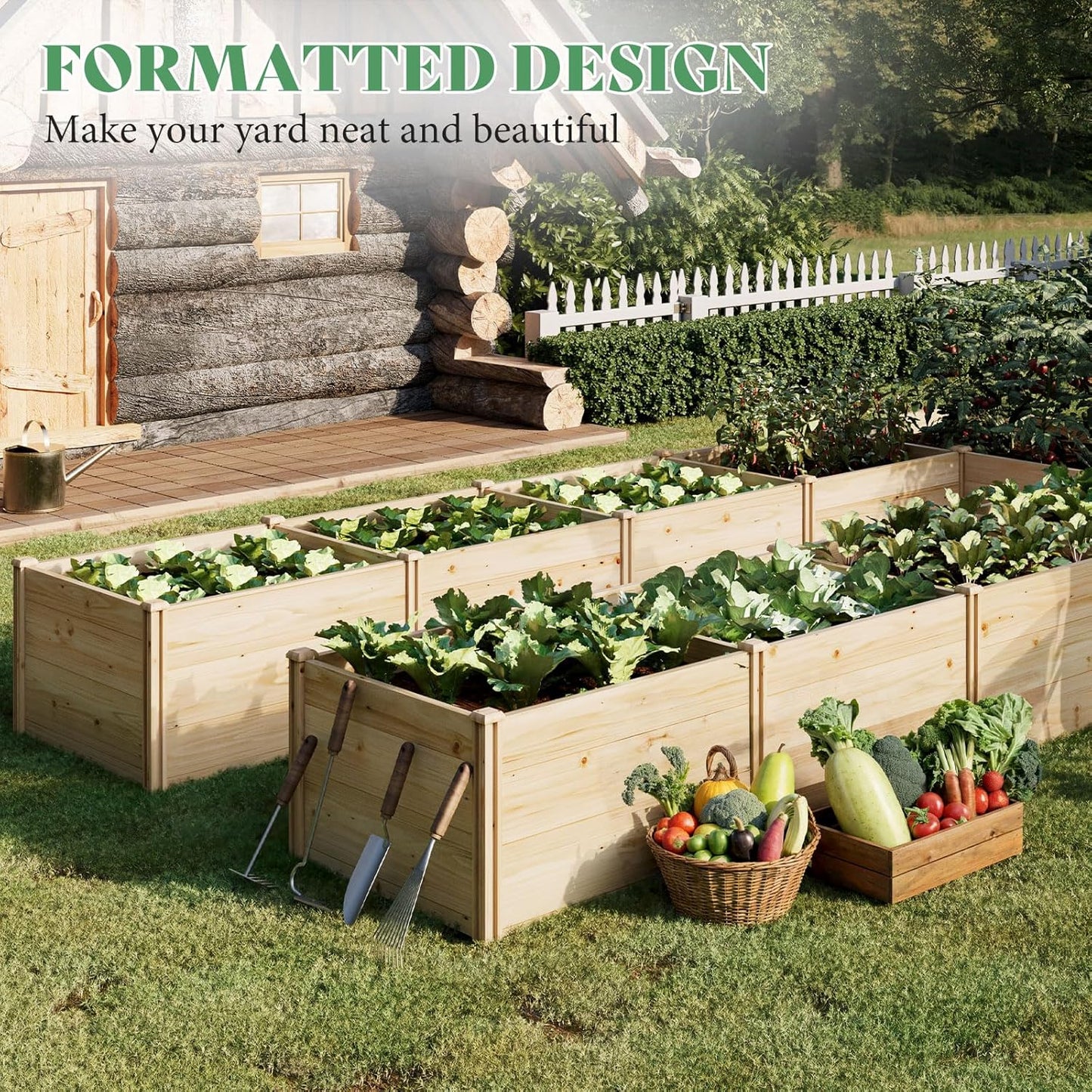 PaPaJet Wooden Raised Garden Bed for Outdoor, Nine Grid Deep Large Planter Box for Gardening, Vegetables, Flowers, Herbs（7.5× 11.9× 1.6FT）