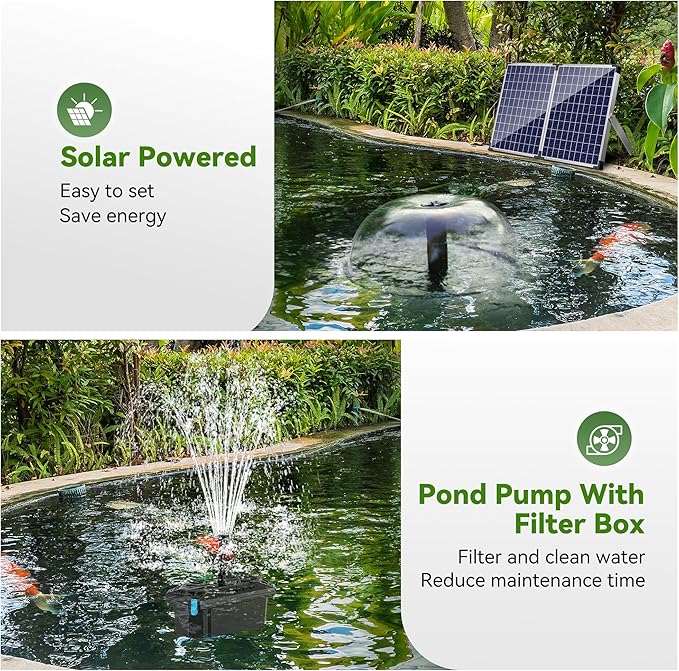 NFESOLAR Pond Filter Fountain with 50W Solar Panel, 580 GPH Water Pump, 10 FT Extension Cord, Solar Fountain Pump with Pond Filter Box Outdoor for Koi Ponds Water Feature Waterfall Pool