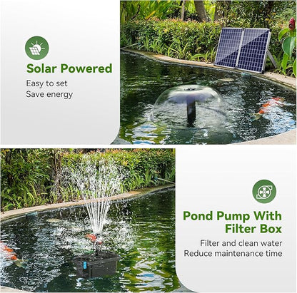 NFESOLAR Pond Filter Fountain with 50W Solar Panel, 580 GPH Water Pump, 10 FT Extension Cord, Solar Fountain Pump with Pond Filter Box Outdoor for Koi Ponds Water Feature Waterfall Pool
