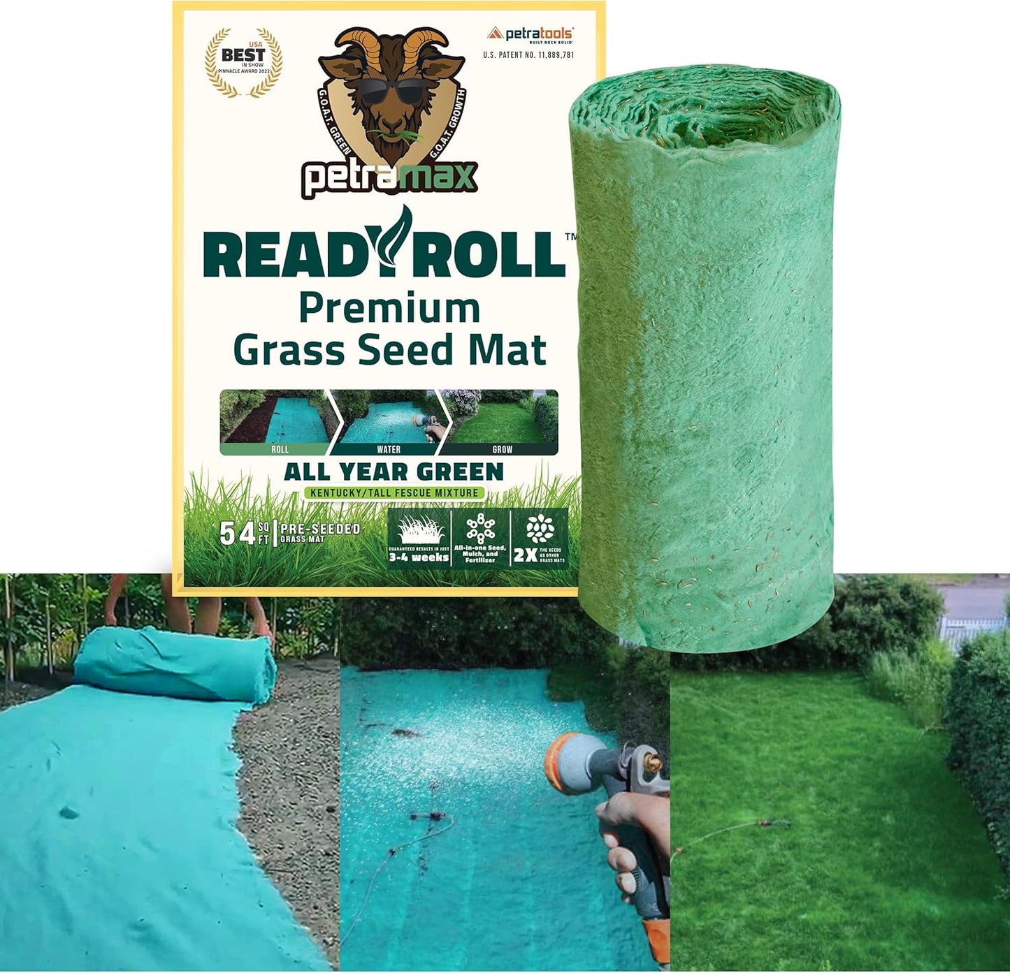 PetraMax ReadyRoll Biodegradable Grass Seed Mats for Lawns - Roll Out Mat with Tall Fescue & Kentucky Blue Grass Seeds for Lawn - Great Patch Repair, New Lawn or Erosion Control (Kentucky, 216 Sq Ft)