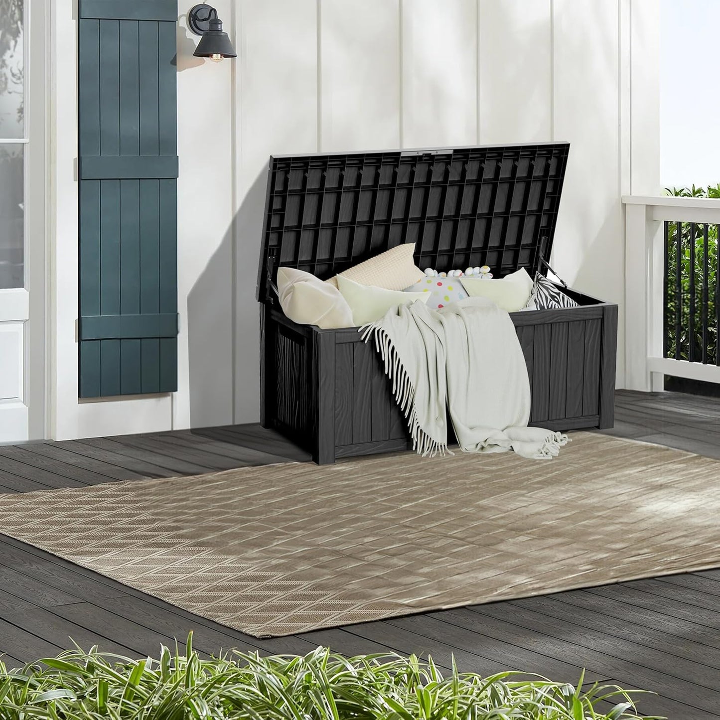 TARKARI 150 Gallon Lockable Resin Deck Box, Waterproof & UV-Resistant Outdoor Storage Box for Outdoor Cushion Storage, Garden Tools & Pool Accessories Storage, Black