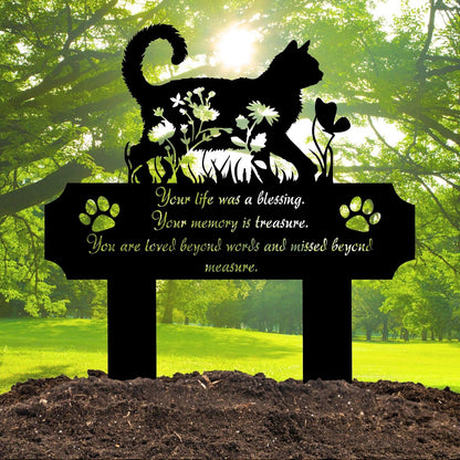 Cat Grave Marker Outdoor Memorial – 12in Metal Pet Memorial Plaque with Garden Cat Silhouette, Weatherproof Headstone for Yard or Indoor Tribute, Sympathy Gift for Loss of Cat