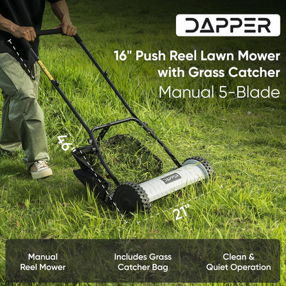 16" Push Reel Lawn Mower with Grass Catcher – Manual 5-Blade Hand Mower, Adjustable 3-Position Cutting Height (0.5"–1.75"), Lightweight & Eco-Friendly – 1-Year Warranty