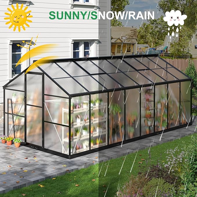 WKM 8x16 FT Greenhouse for Outdoors, Polycarbonate Greenhouse with Roof Vent and Quick Setup Structure, Aluminum Frame, Black