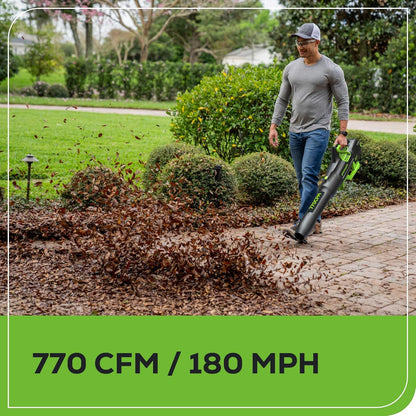 Greenworks 80V (770 CFM/190 MPH) Brushless Cordless Leaf Blower, Commercial-Grade Powerf for Autumn Leaf Composting, Spring Pollen Cleanup and Post-Snow Debris, Includes 4.0Ah Battery & Rapid Charger