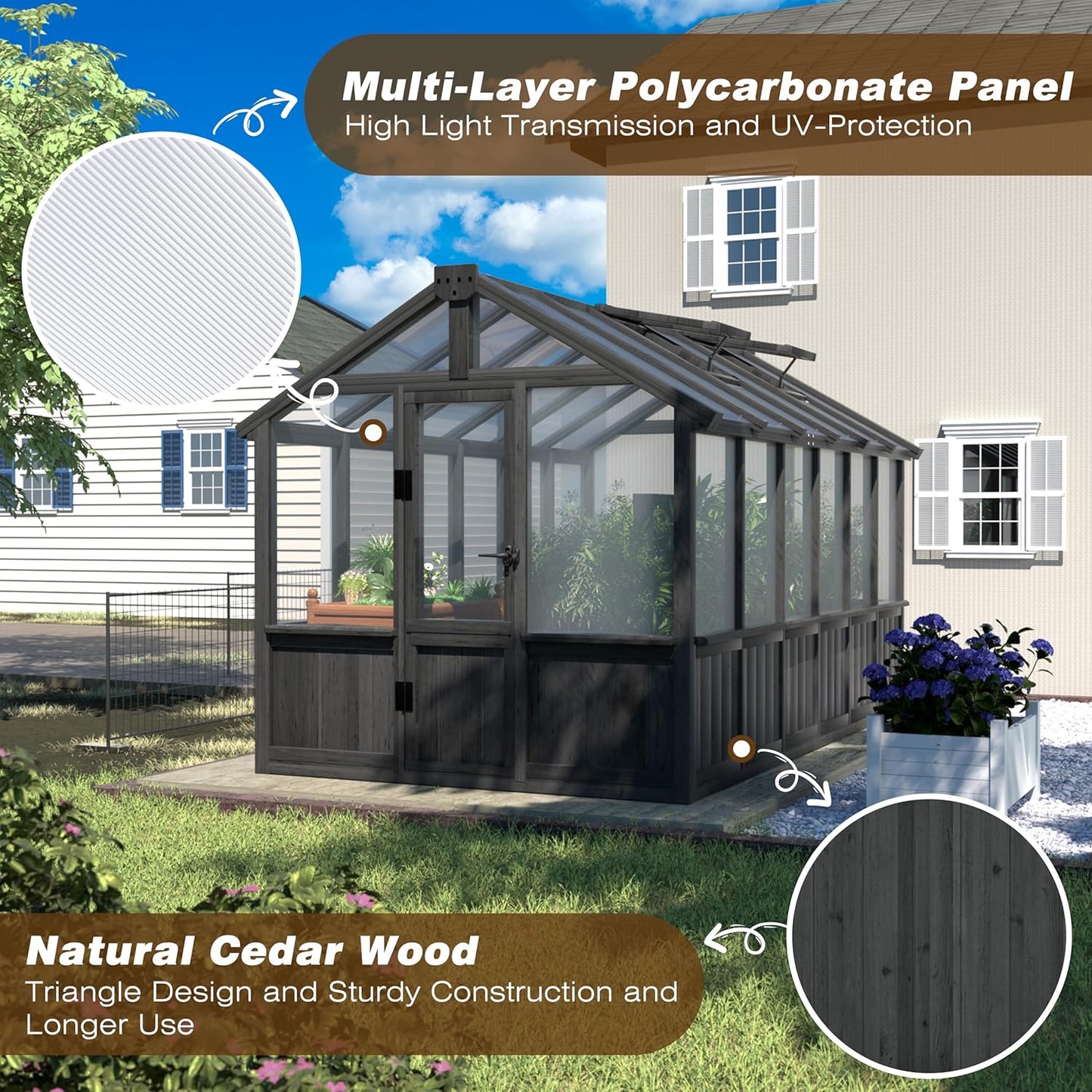 6x12 FT Greenhouse Kit for Outdoor, Thickened Polycarbonate Panel Wooden Walk-in Green House with Lockable Door and Adjustable Roof Vent, Backyard Garden, Black