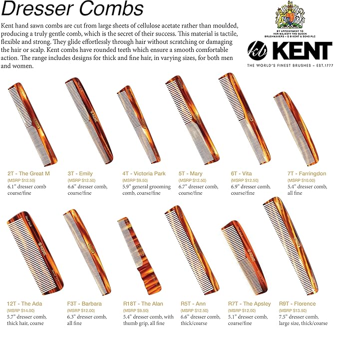 Kent 12T Wide Tooth Detangling Comb - Handmade Pocket Comb for Thick, Curly, and Wavy Hair, Large Tooth for Grooming Hair, Beard, and Mustache - Saw-Cut and Hand Polished