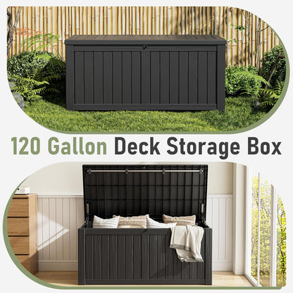 Outdoor Storage Box, Resin Deck Boxes Indoor and outdoor, Waterproof Storage Box Lockable Lid (Black, 120 Gallon)