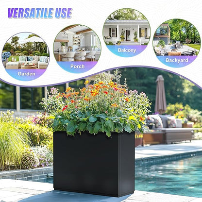 Tall Metal Planter, 9" W x 26" H Large Rectangular Planter Box for Outdoor or Indoor, All-Weather Durable Plant Box with Drainage Holes & Removable Shelf for Patio, Porch, Garden, Trees, Flowers