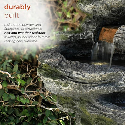 Alpine Corporation WIN1146 Outdoor Floor Cascading 8 Tiered Rock Garden Water Fountain with LED Lights, 58", Gray