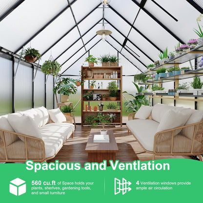 8'x12' Aluminum-Framed Polycarbonate Greenhouse, Heavy Duty Polycarbonate Greenhouse with Quick Setup Structure and Roof Vent, Large Enhanced Aluminum GreenhouseKit for Outdoors