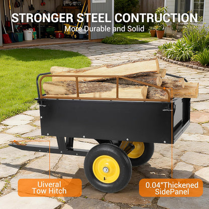 500LBS Heavy Duty Tow Behind ATV Trailer, Steel Dump Cart, Garden Utility Trailer with Removable Tailgate for Riding Lawn Mower Tractor, Black