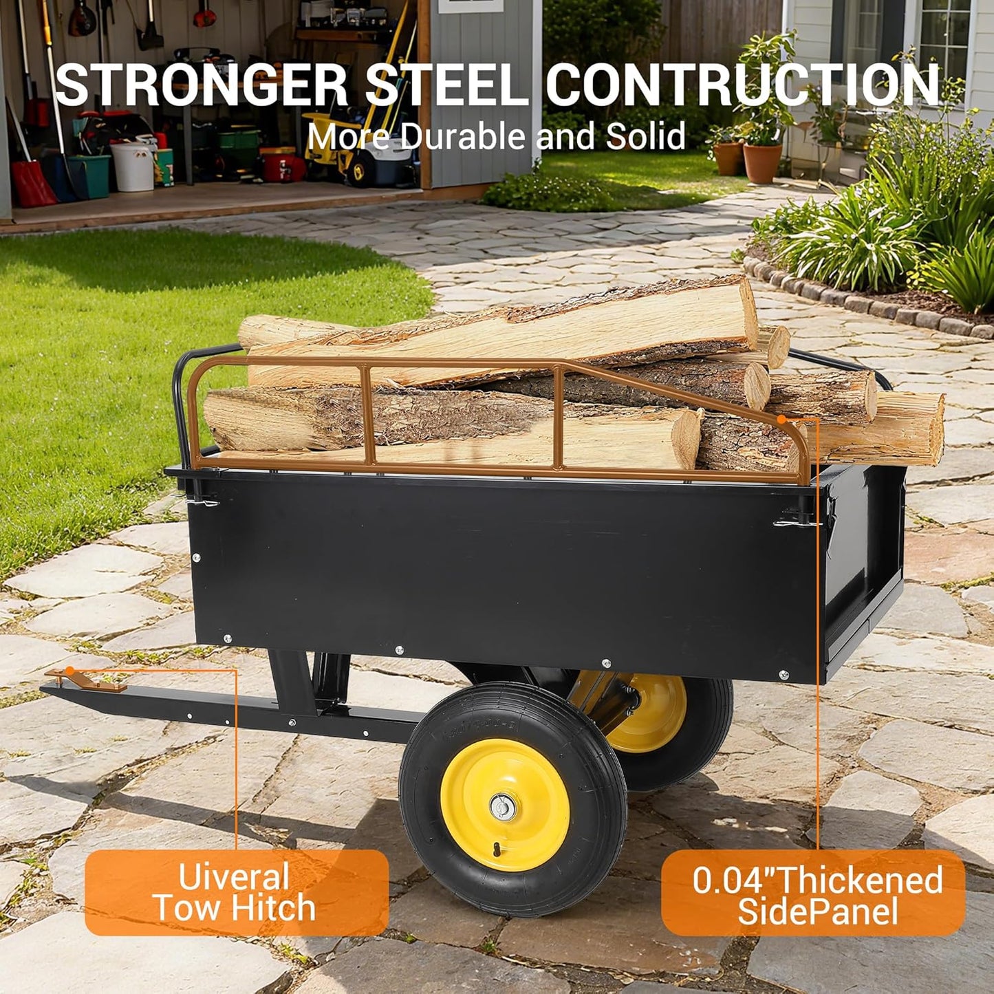 Heavy Duty ATV Dump Cart - Steel Tow Behind Trailer, 750 lbs, 15 Cubic Feet Garden Utility with Removable Sides