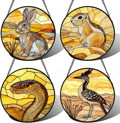 Stained Glass Window Hanging 4 Pcs Set Animals 6.3" - Desert Landscape Yellow Suncatcher Door Garden Sun Catcher Decor Birthday Christmas for Mom Woman Nana Men