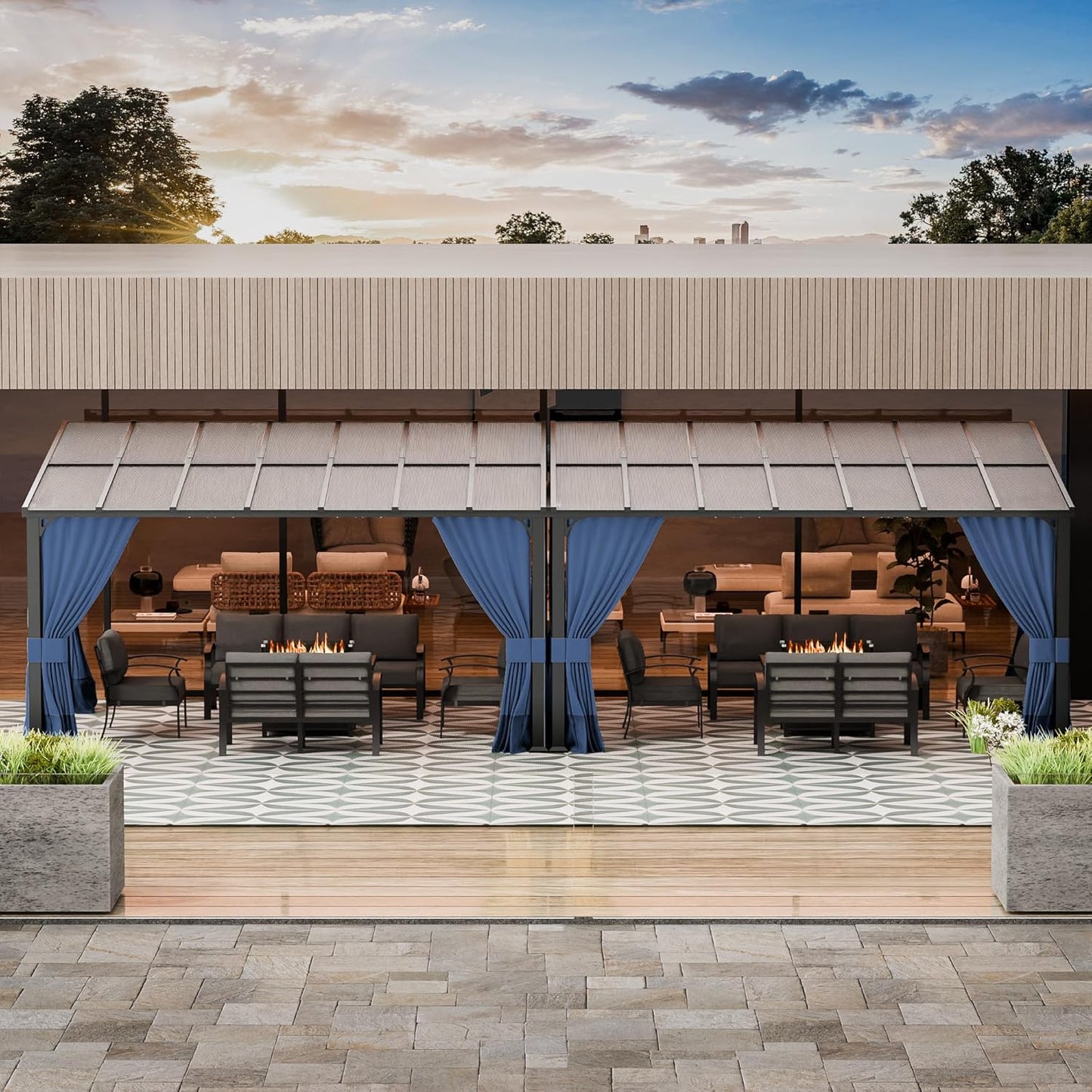 10' x 28' Gazebo，Hard Top Lean to Gazebo Wall Mount Heavy Hardtop Gazebos Outdoor Pergola with Curtains and Netting for Patio Garden Lawn Backyard Deck (Navy)