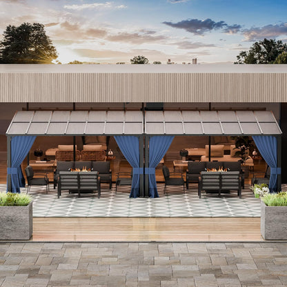 10' x 28' Gazebo，Hard Top Lean to Gazebo Wall Mount Heavy Hardtop Gazebos Outdoor Pergola with Curtains and Netting for Patio Garden Lawn Backyard Deck (Navy)