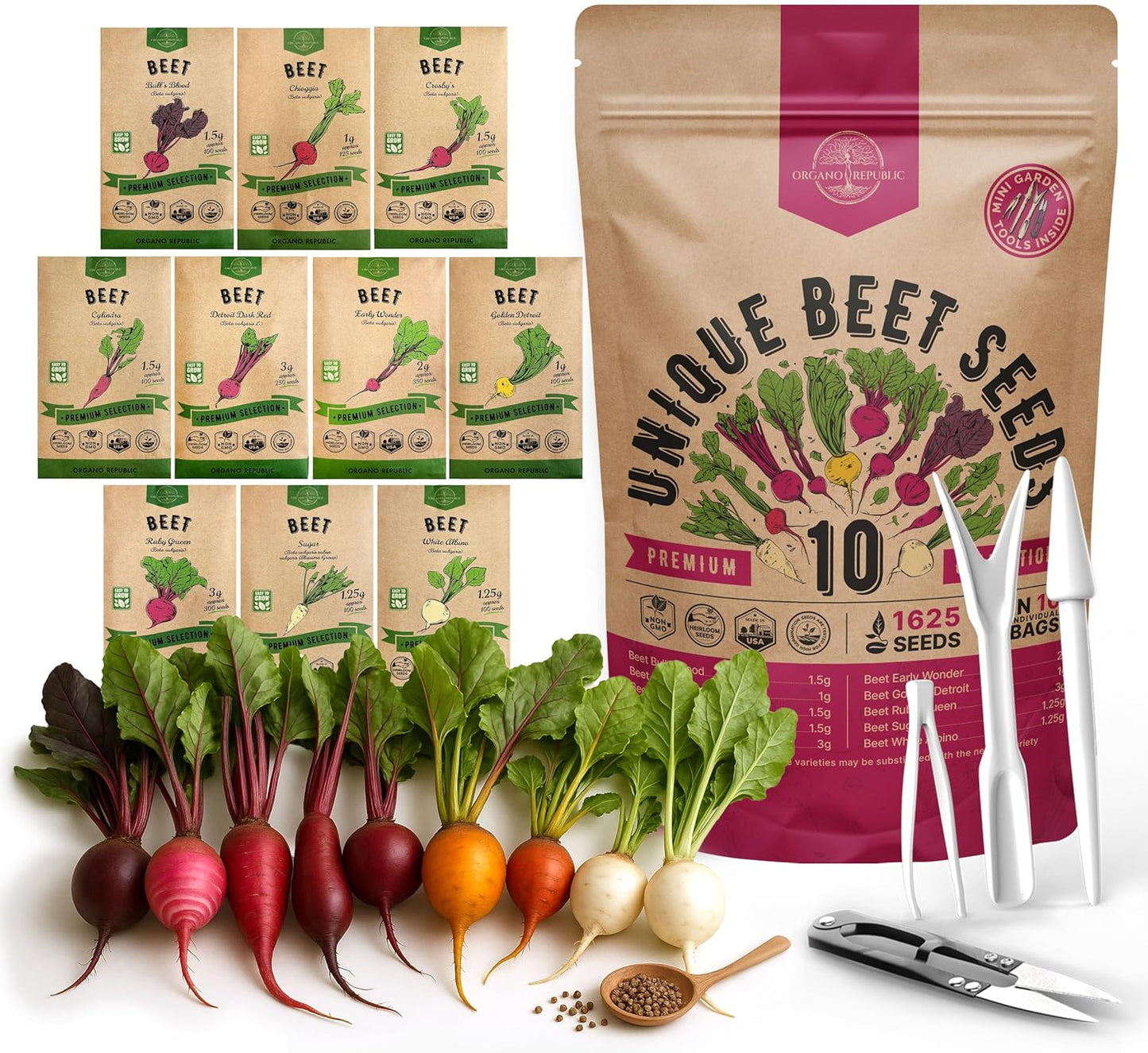 Organo Republic 10 Rare Beet Seeds Variety Pack for Planting Indoor & Outdoors 1625+ Heirloom Non-GMO Bulk Beets Gardening Seeds: Chioggia, Detroit Dark Red, Sugar, Cylindra, Bulls Blood, White Albino