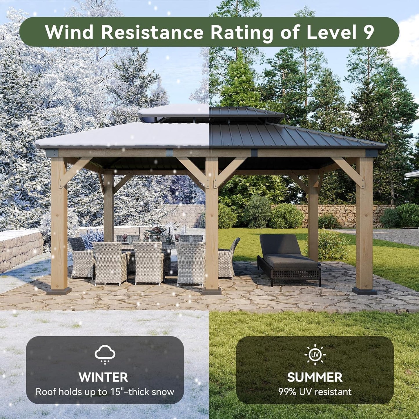 Aoxun 12' x 16' Outdoor Wood Gazebo, Hardtop Gazebo Permanent Wooden Pavilion with Galvanized Steel Double Roof, for Patio, Garden, Backyard, Cedar Wood