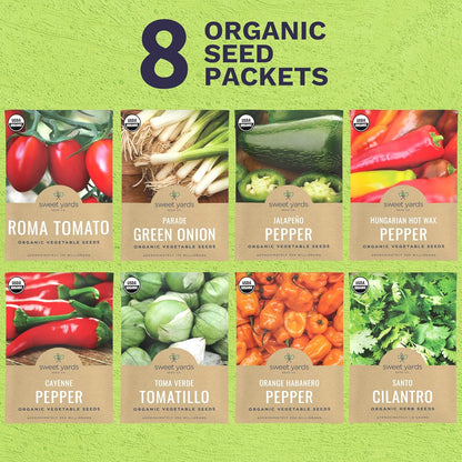 Organic Salsa Garden Seeds Variety Pack - 8 Individual Packs - 2025 Season - Cayenne Pepper, Roma Tomato, Cilantro and More! for Indoor & Outdoor Planting (Non-GMO, Certified Organic)