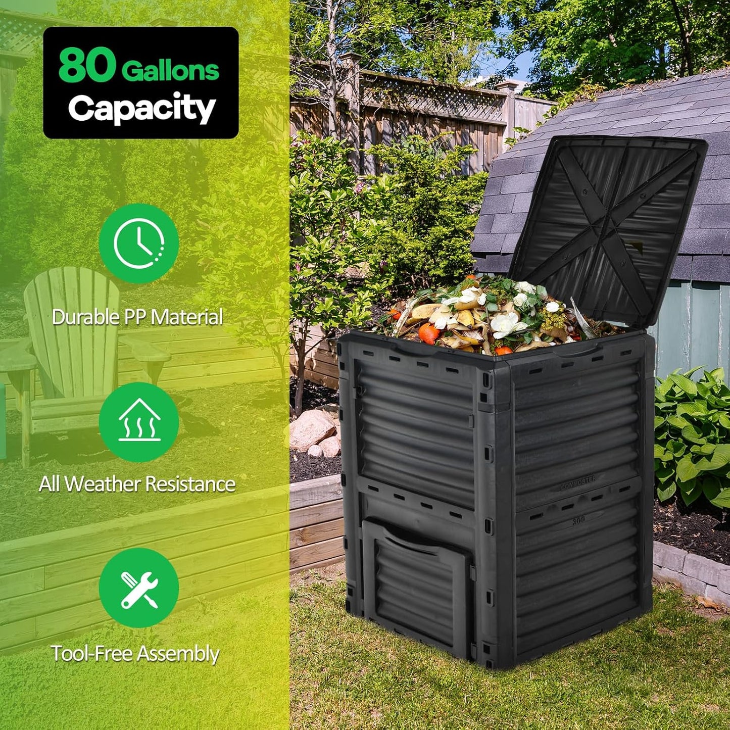Goplus Compost Bin, 80 Gallon (300 L) Large Outdoor Composting Box w/Top Flip Latch-on Lid, Bottom Exit Door, BPA Free Material, Grass Food Trash Composter Barrel for Garden Yard (Black)