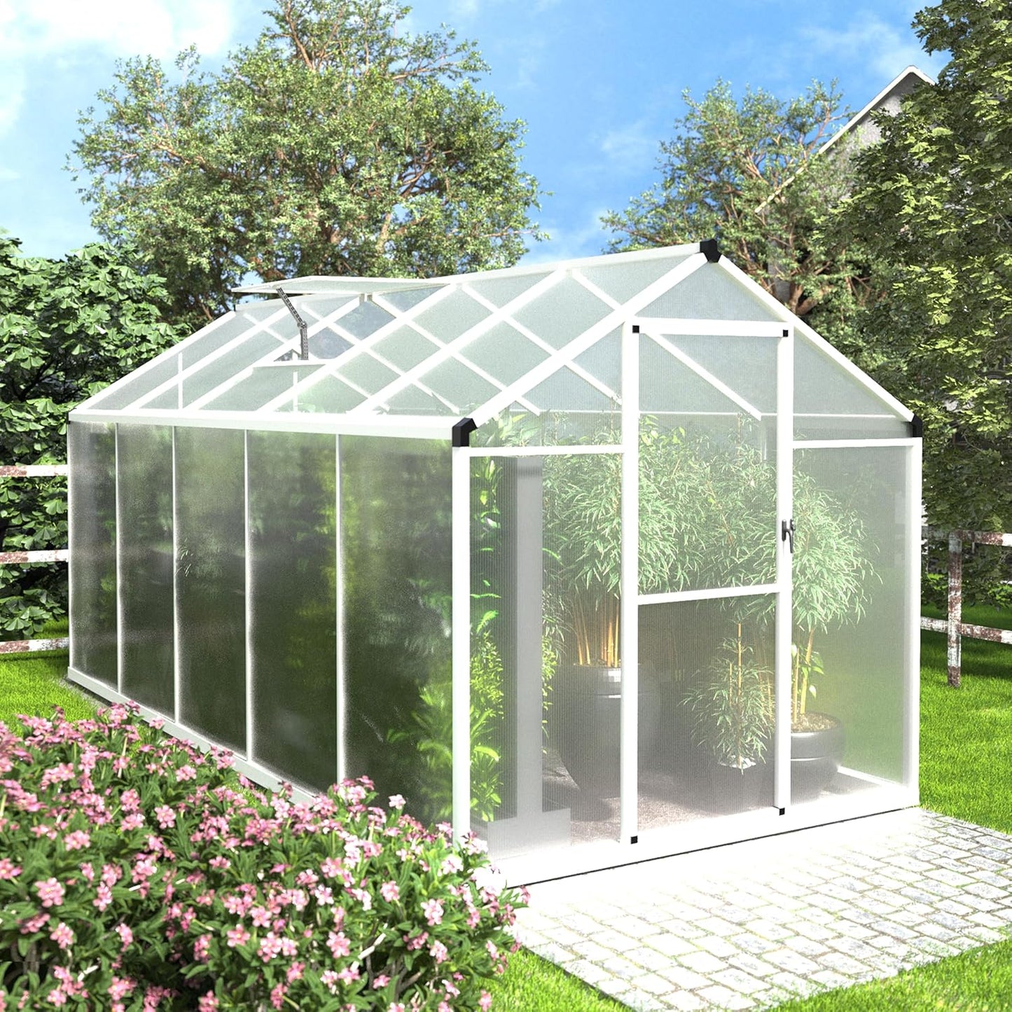 BlueWish 6x10 FT Greenhouses for Outdoors, Cedar Green House with 4-Layers Polycarbonate Panel, Greenhouse Kit with Adjustable Vent & Lockable Door, Walk-in Greenhouse for Outside, Garden, White