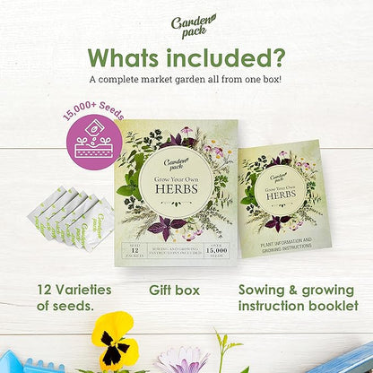 Grow Your Own Herbs Garden Kit - 12 Herb Seeds Variety Pack - Basil, Mint, Rosemary Seeds & More Packets in a Box with Growing Manual by Garden Pack