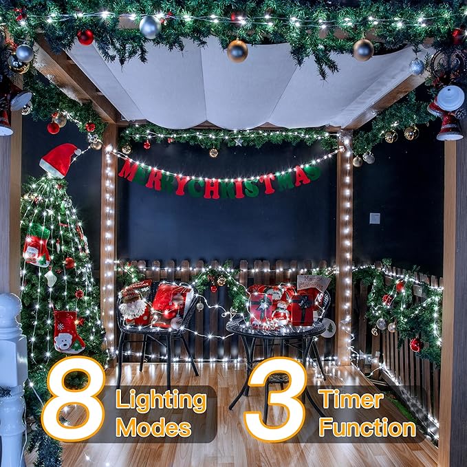 Ollny Christmas Lights Cool White, 600LED 197FT Christmas Tree Lights IP67 Waterproof, Plug in Fairy Lights with Remote 8 Modes Timer, Xmas Light for Outdoor Indoor House Holiday Decor