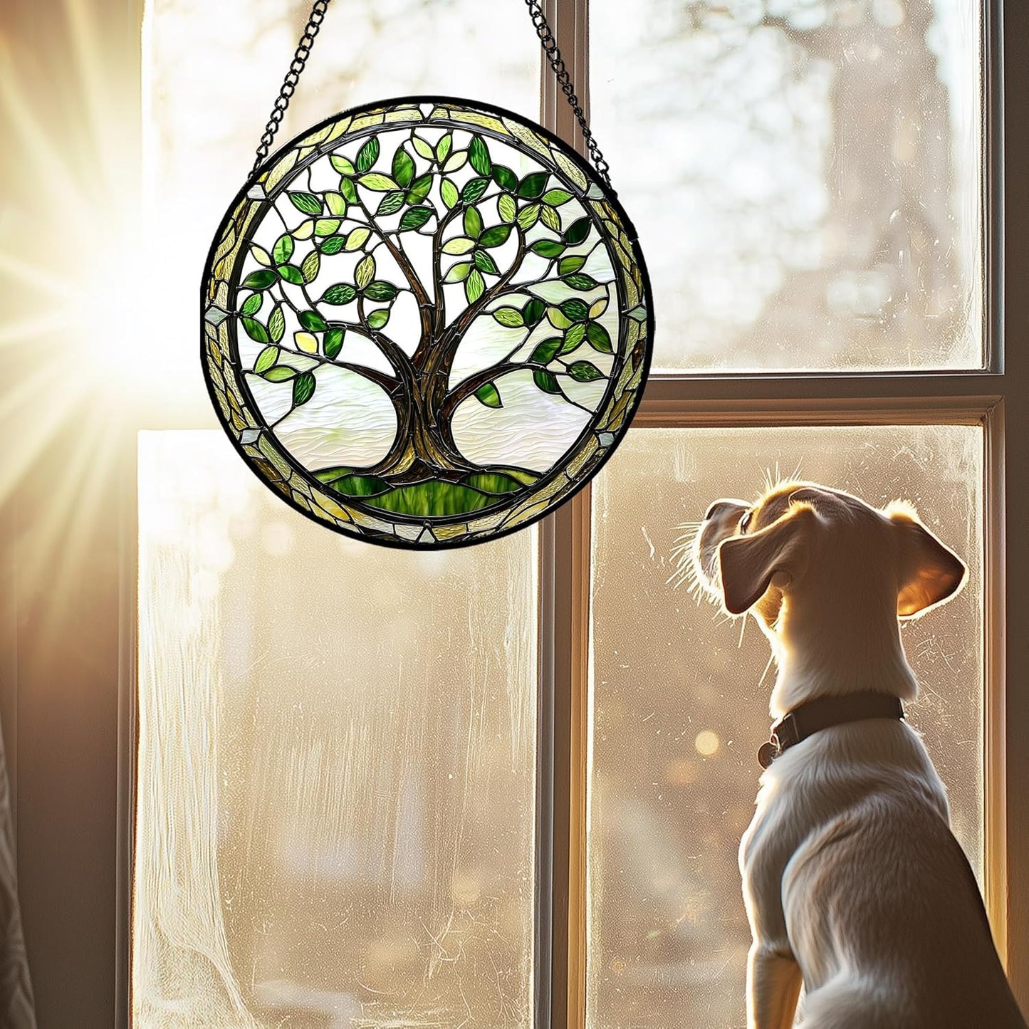 Stained Glass Window Hanging - Brown Tree Trunk Green Leaves Sun Catcher for Door Garden Home Decor Plant Suncatcher Christmas Mother's Day Birthday Gifts for Women Men Mom Nana 15 in
