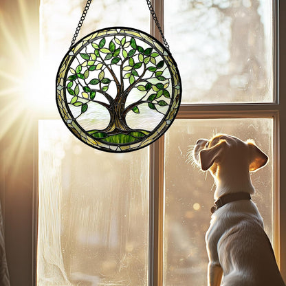 Stained Glass Window Hanging - Brown Tree Trunk Green Leaves Sun Catcher for Door Garden Home Decor Plant Suncatcher Christmas Mother's Day Birthday Gifts for Women Men Mom Nana 6.3 in