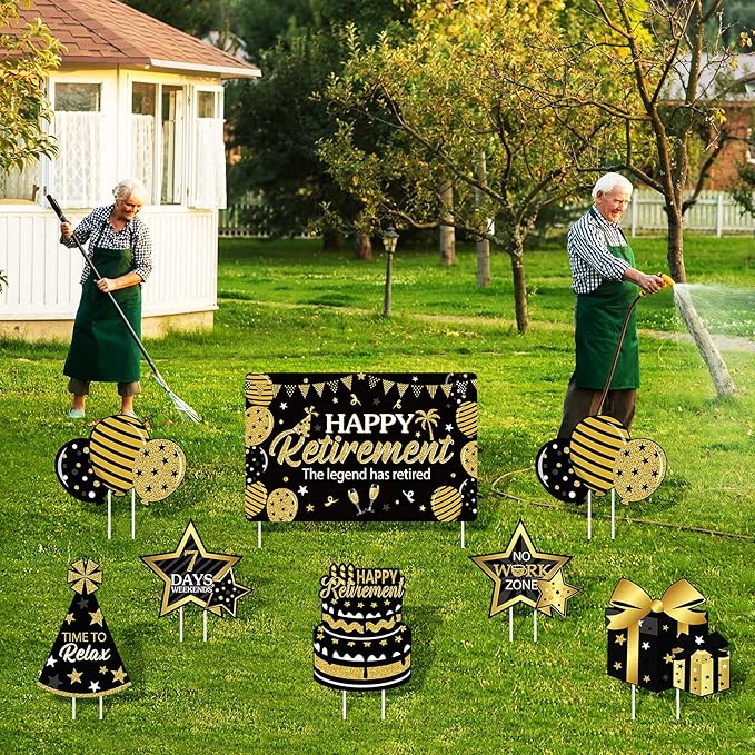 Yulejo 8 Pieces Retirement Yard Sign Decorations Happy Retirement Yard Signs Retirement Lawn Sign with Stakes for Outdoor Retirement Party Supplies 16inch (Black and Gold)