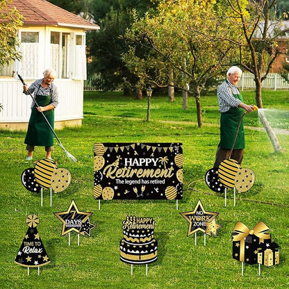 Yulejo 8 Pieces Retirement Yard Sign Decorations Happy Retirement Yard Signs Retirement Lawn Sign with Stakes for Outdoor Retirement Party Supplies 16inch (Black and Gold)