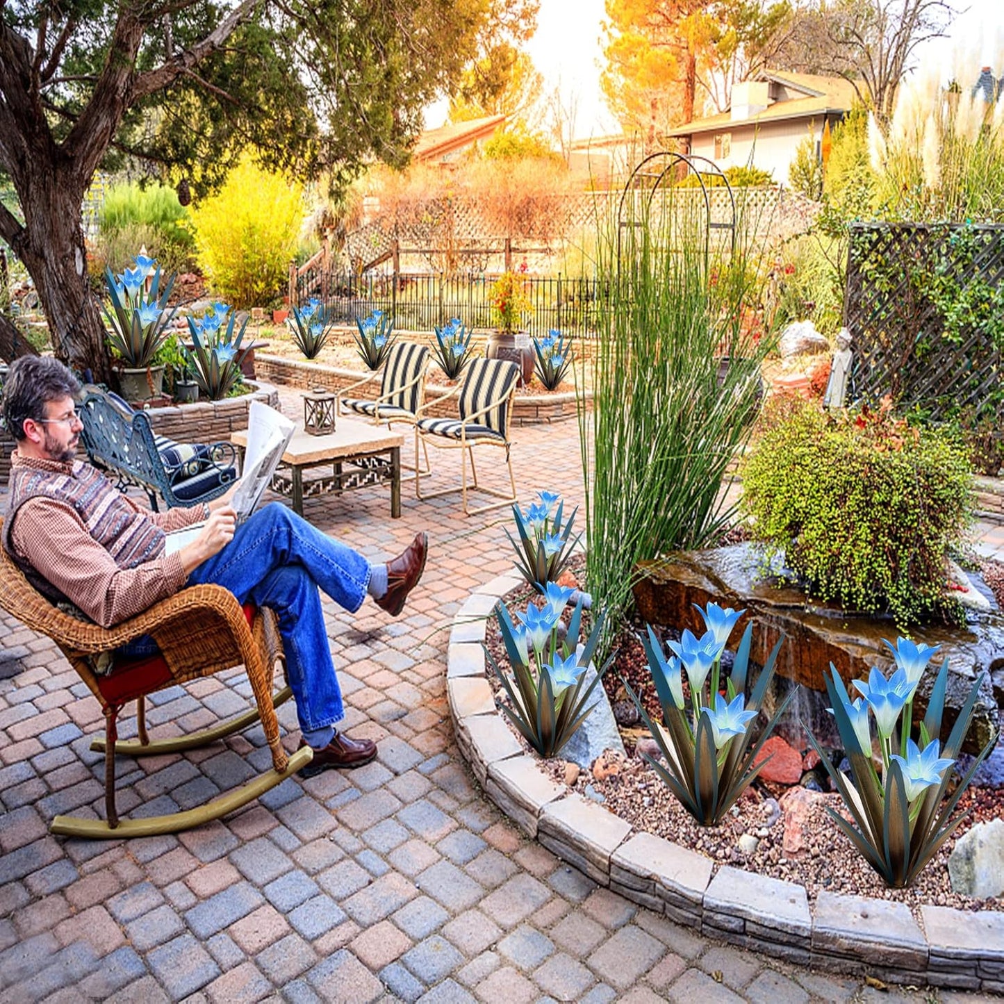 Homight Metal Agave Plant Outdoor Decoration Lily Mexican Yard Art Garden Gift Home Decor Hand Painted Metal Agave Garden Yard Statue, Outdoor Lawn Ornaments (2 Big Blue Lilies)