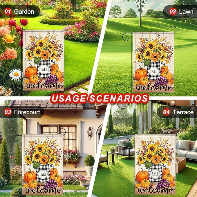 Garden Flags 12x18 Inch Fall Welcome Flag Double Sided Sunflower Pumpkin Grape Floral Outdoor Yard Banner for Porch Lawn Patio Autumn Harvest Decor Seasonal Thanksgiving Decoration