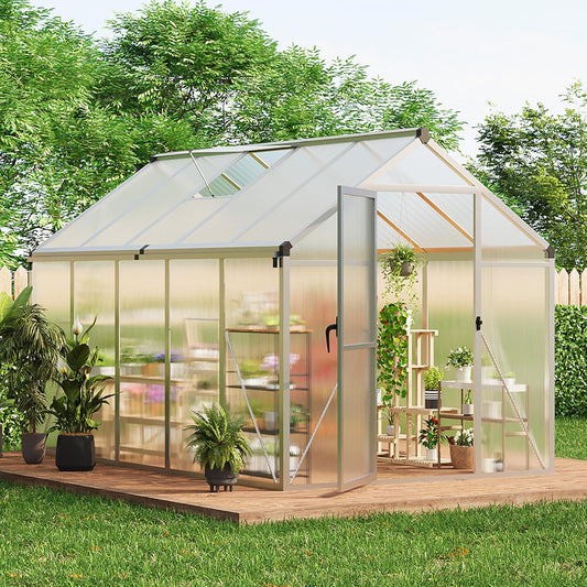 6x10 ft Greenhouse for Outdoors, Polycarbonate Greenhouse with Roof Vent, Ground Nails, Lockable Push Door, Aluminum Large Walk-in Green House for Outside Garden Backyard, Patio, Lawn, Silver
