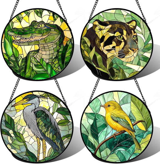 Stained Glass Window Hanging 4 Pcs Set Green Plants Animals Theme 7.8" - Bird Tiger Suncatcher Door Garden Sun Catcher Decor Birthday for Mom Woman Nana Men Friend