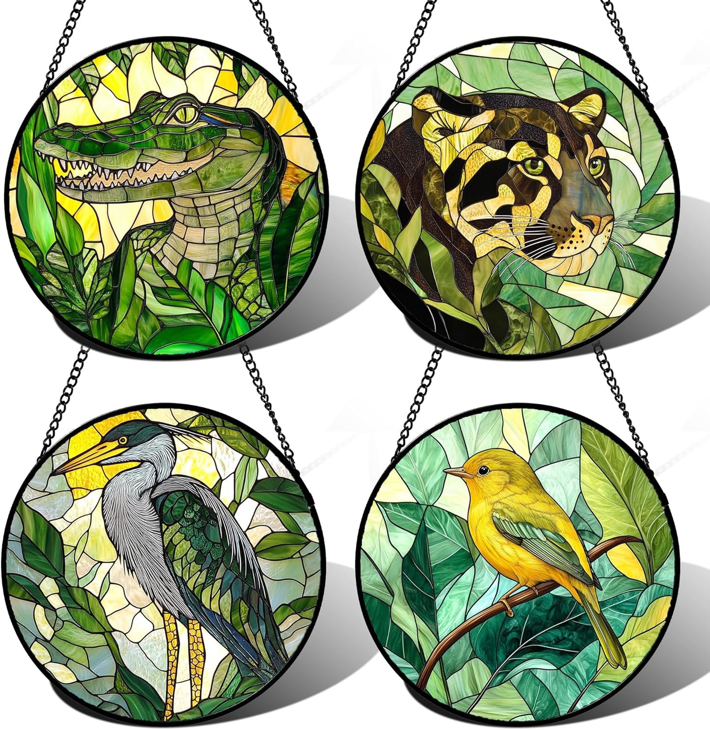 Stained Glass Window Hanging 4 Pcs Set Green Plants Animals Theme 6.3" - Bird Tiger Suncatcher Door Garden Sun Catcher Decor Birthday for Mom Woman Nana Men Friend