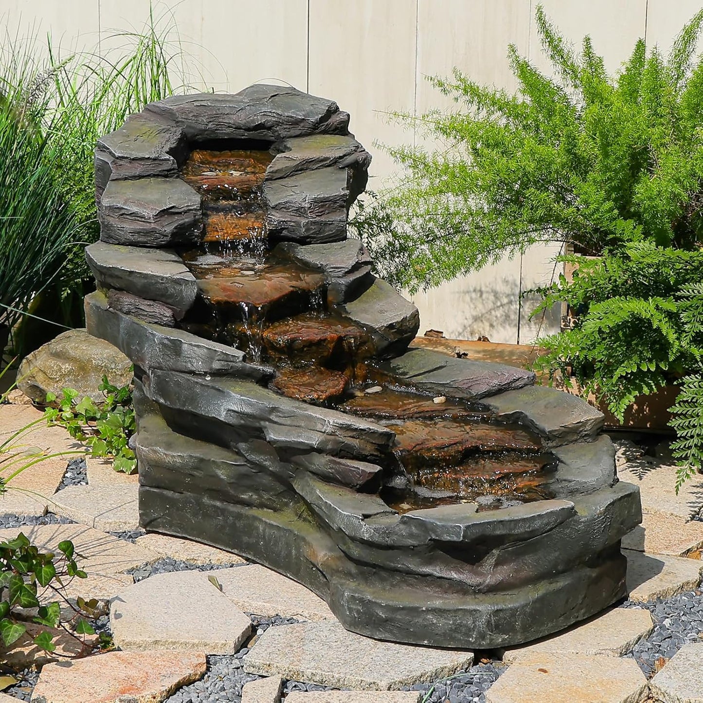 49" L Water Fountain Outdoor 5-Tiers Rock Natural Waterfall Fountains Floor Standing Water Features with LED Lights for Garden, Patio, Porch, Home Art Decor