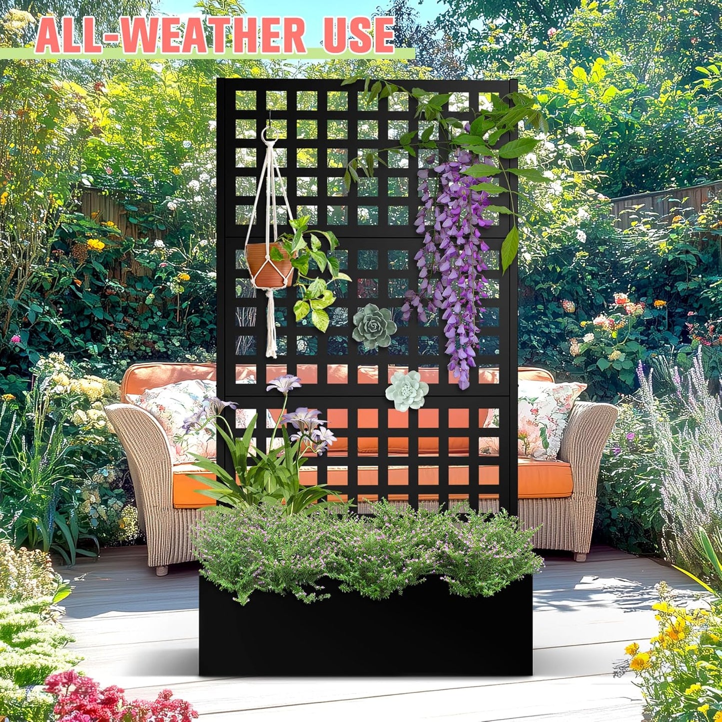 Metal Planter Box with Trellis, Raised Garder Bed with Drainage Hole, Outdoor Privacy Screen & Trellis for Climbing Plants, Plant Stands, 35''L×17''W×71''H, Black