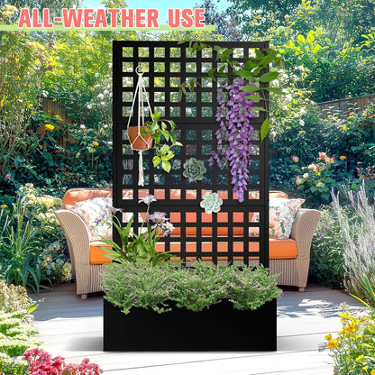 Metal Planter Box with Trellis, Raised Garder Bed with Drainage Hole, Outdoor Privacy Screen & Trellis for Climbing Plants, Plant Stands, 35''L×17''W×71''H, Black