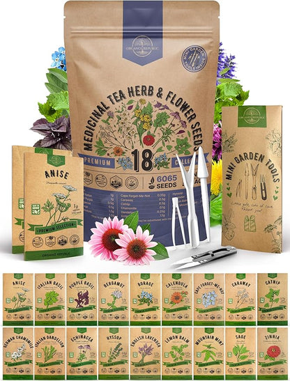 18 Medicinal Tea Herb & Flower Seeds Variety Pack - 6,100+ Non-GMO Heirloom Flower Seeds for Outdoor and Indoor Home Gardening, Including Anise, Borage, Catnip, Chamomile, Dandelion, Lavender, Sage