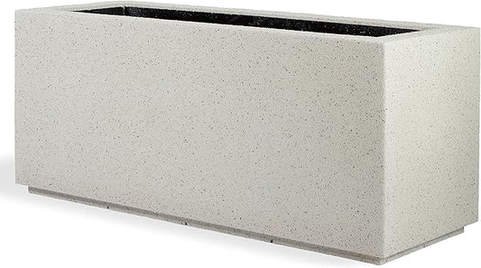 PolyStone Milan Tall Modern Outdoor/Indoor Rectangular Trough Planter, 46" W x 19" H, Lightweight, Heavy Duty, Weather Resistant, Polymer Finish, Commercial and Residential (White Granite)