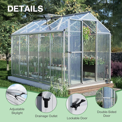 Aoodor 6 x 10 Ft Walk-in Greenhouse with Gutter, Polycarbonate and Heavy-Duty Aluminum Frame, Adjustment Skylight and Lockable 2-Sided Door for Patio, Outdoor, Yard, Lawn Use, Silver