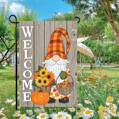 Thanksgiving Fall Garden Flag 12x18 Inch Welcome Gnome Flag Double Sided Autumn Yard Banner Sunflowers Pumpkins Acorn Basket for Porch Lawn Patio Seasonal Decor