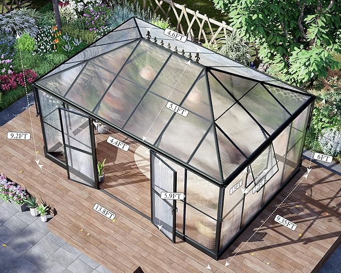 Howe 14x9.5x9 FT Polycarbonate Greenhouse with 2 Vents and Double Swing Doors 6FT Added Wall Height, Walk-in Large Sunroom Aluminum Greenhouse for Outdoors, Black